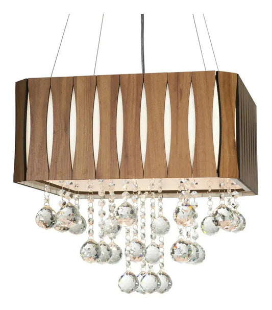 Lustre de Cristal e Madeira Quadrado 40 cm Amêndola Rústica